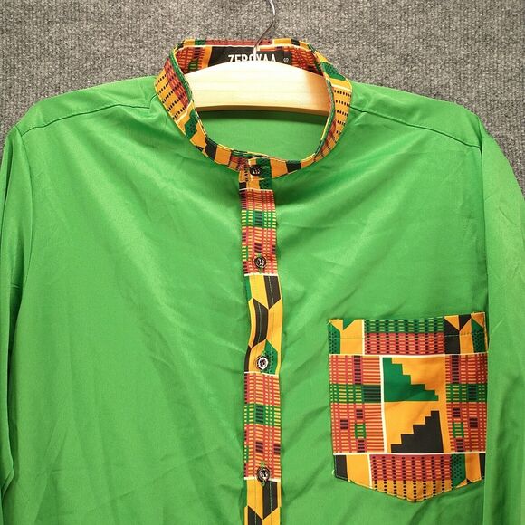 Zeroyaa Mens Button Front Shirt Green Small Printed Trim Pocket - Picture 3 of 12